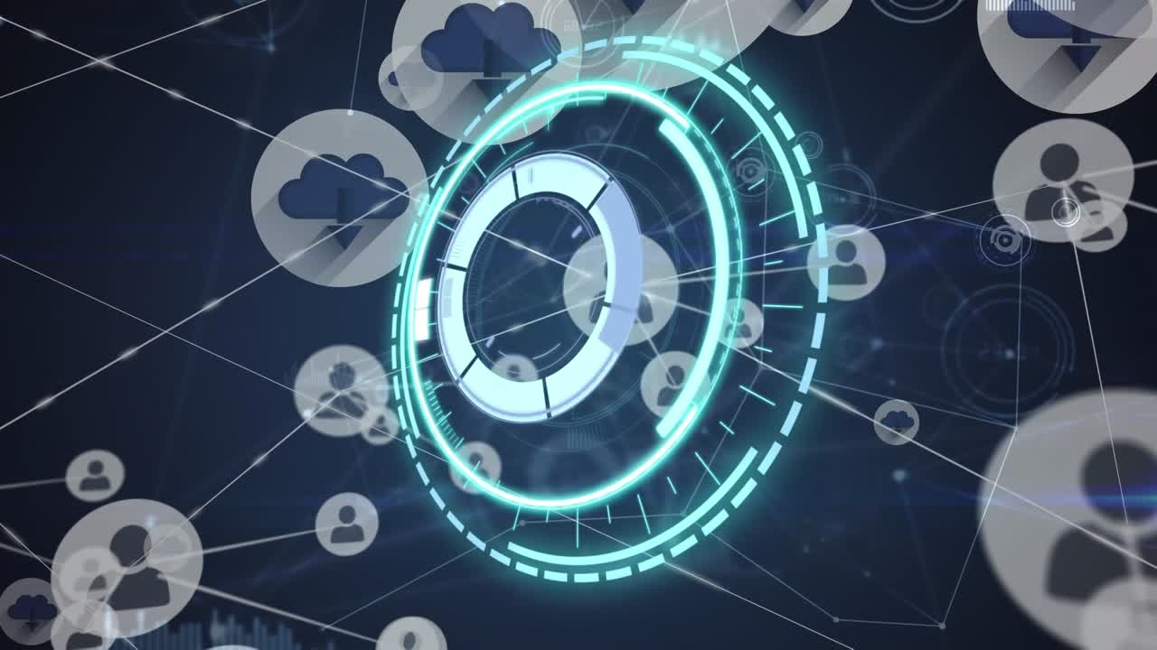 Animation of network of connections with icons and scope scanning over cityscape