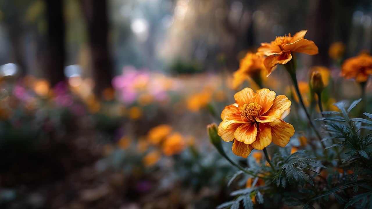 Una vivace esposizione di fiori di tagete in un lussureggiante ambiente da giardino, catturata con dettagli mozzafiato durante l'ora d'oro, evidenziando la bellezza e la serenità della natura