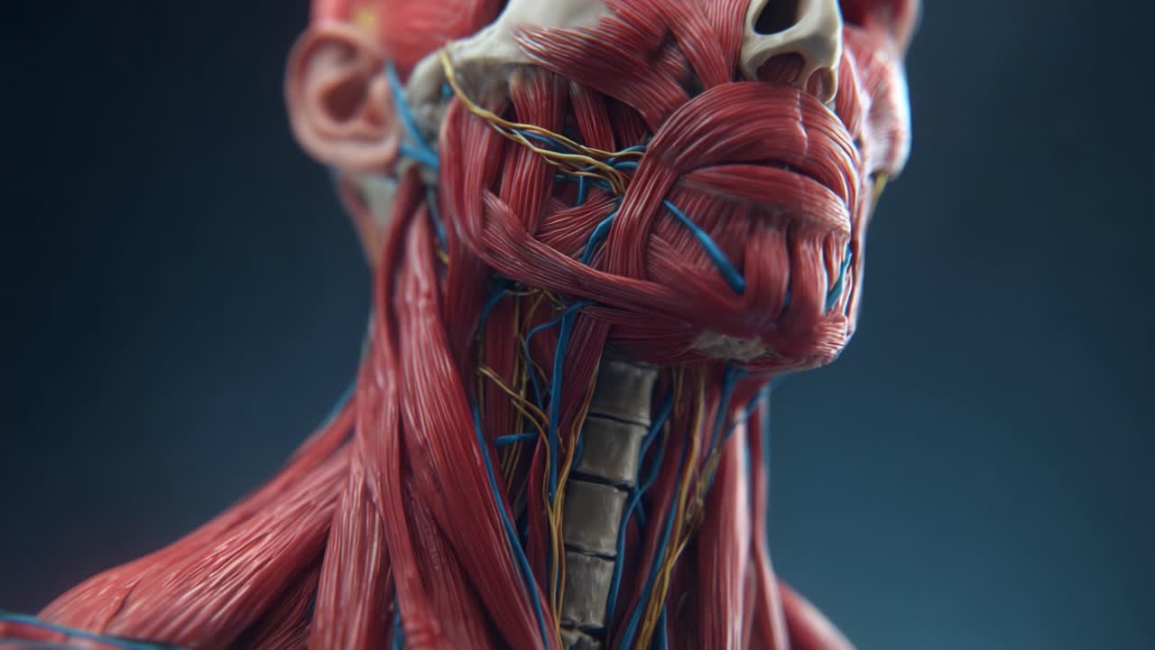 Visualizzazione anatomica dettagliata della muscolatura e delle vene umane – Un primo piano del collo umano, che mostra intricate strutture muscolari e il sistema circolatorio