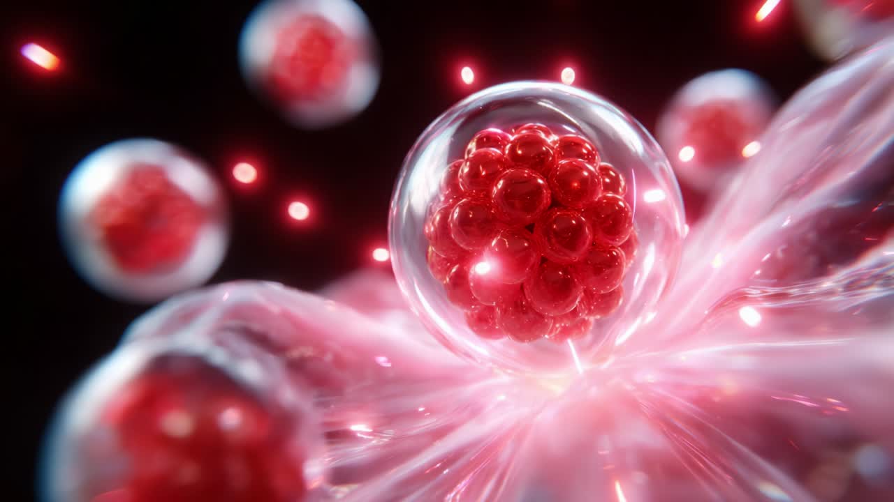 Dynamic Representation of Molecular Activity: Exploring the Intricate World of Red Particles in a Cellular Environment Highlighting the Beauty of Microscopic Interactions and Molecular Structures