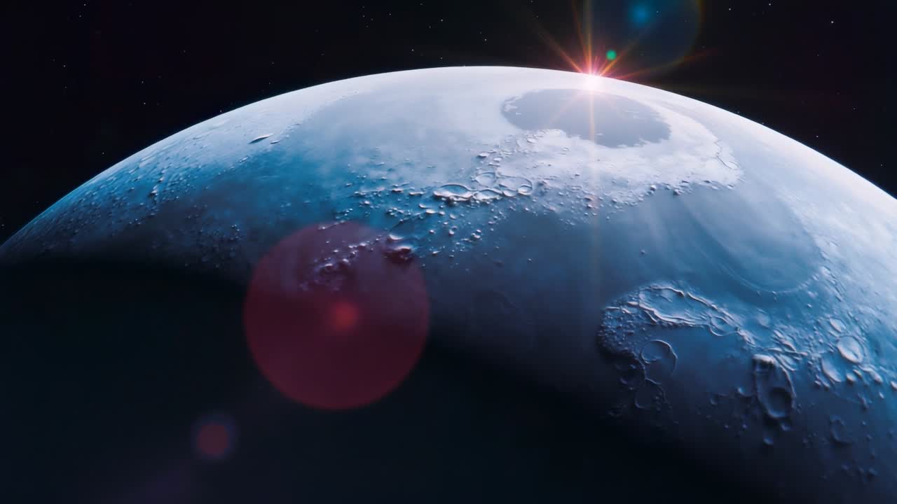 Star emerging above crater rim casting red-blue flare shifting over horizon with camera tilting