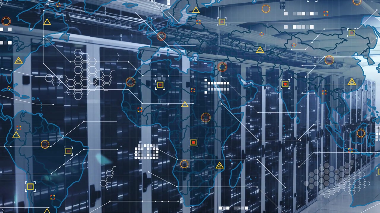 Vertical video: Camera gliding data center racks, sparking map HUD overlay showing flow