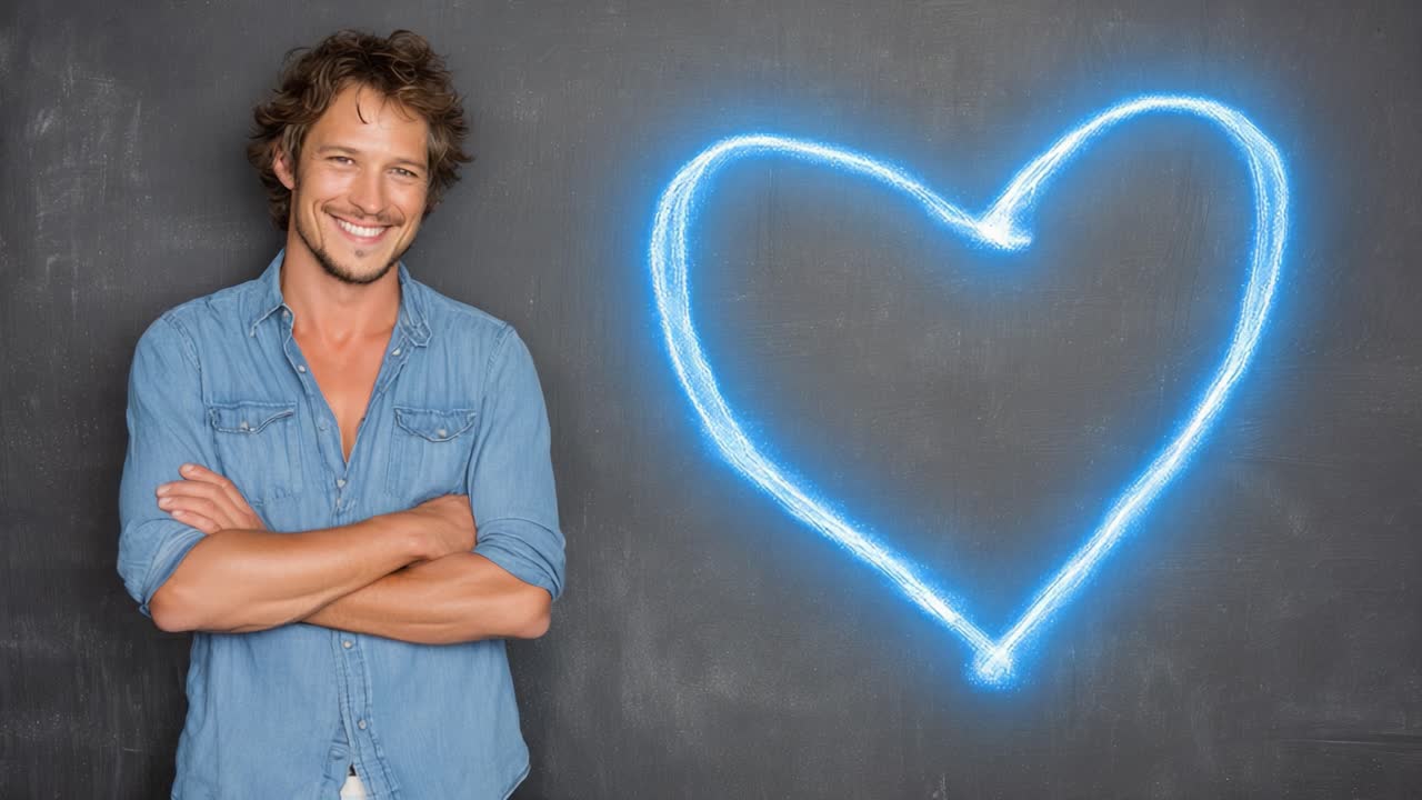 Un uomo affascinante sorride con sicurezza accanto a un cuore illuminato su sfondo scuro, catturando l'essenza della gioia e della positività nella vita
