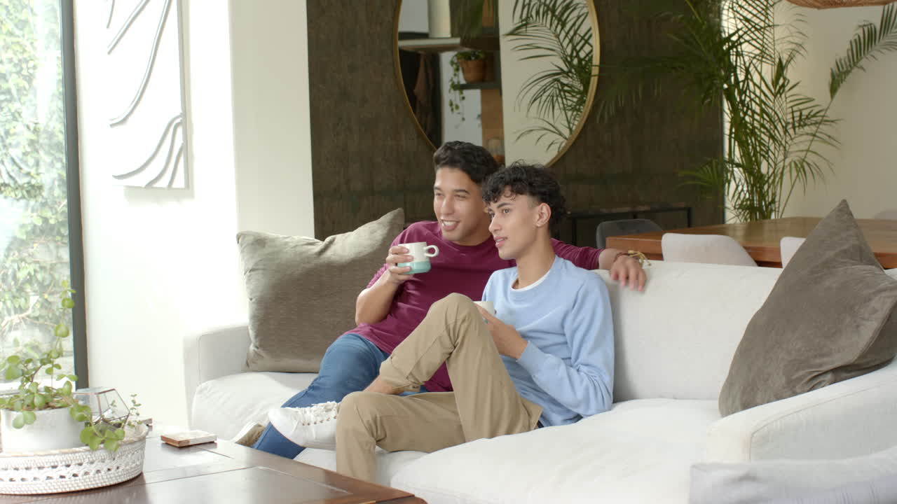Relaxing on couch, multiracial gay couple drinking coffee and watching TV at home