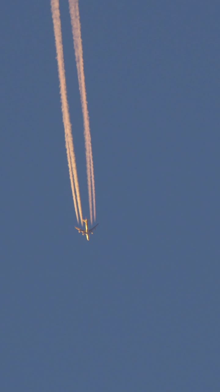 Aereo a reazione in volo con scie di condensazione nel cielo azzurro dell'ora d'oro