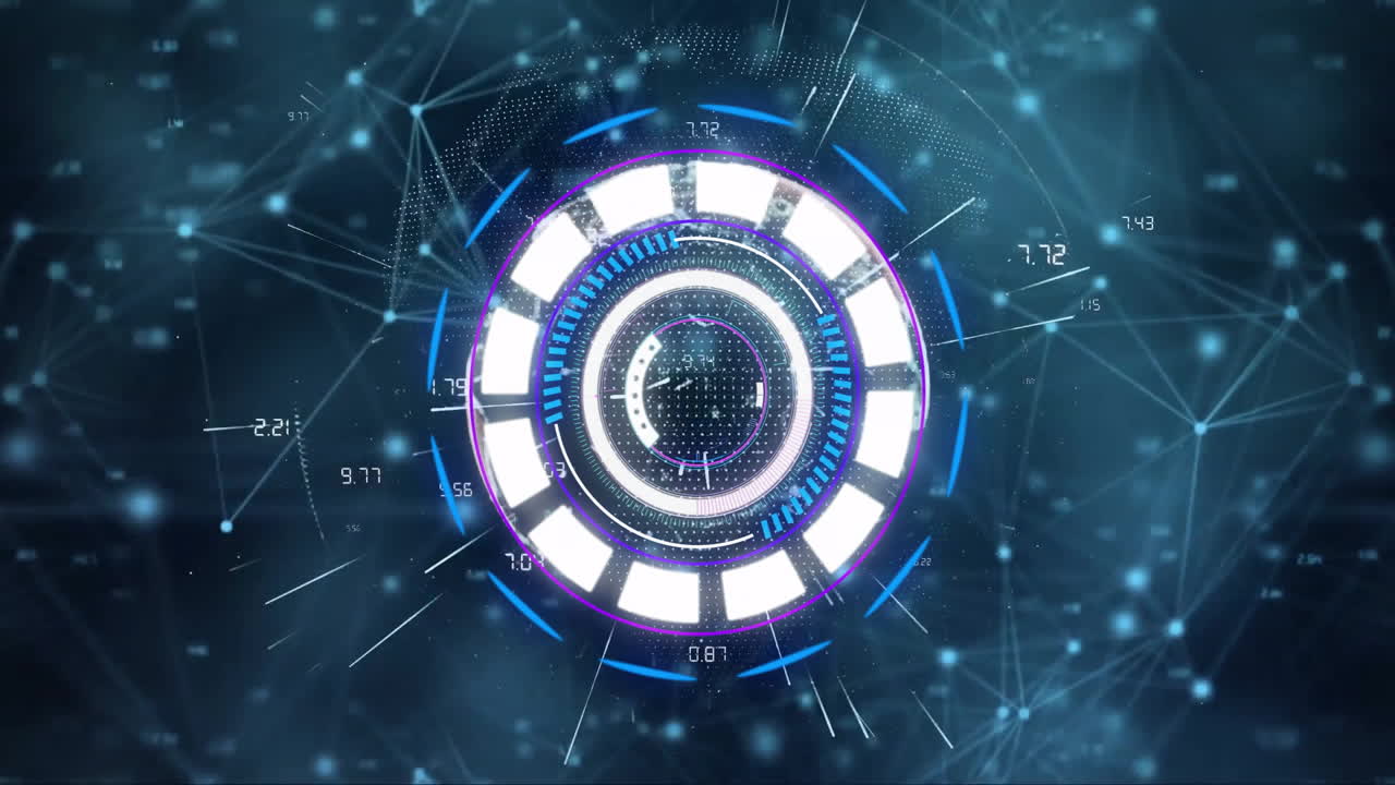 interfaz digital futurista con elementos circulares y puntos de datos, animación de conexiones de red
