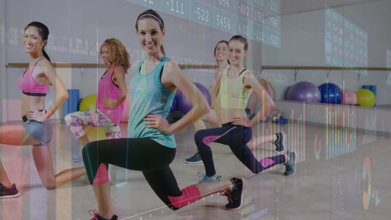 Lead woman initiating lunges others mirroring stepping lowering while bars overlaying for fitness