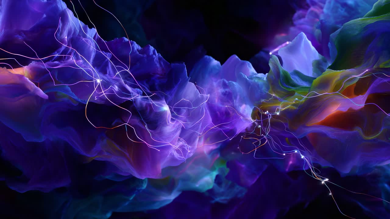 Motivi astratti, vivaci e fluenti in viola e blu con linee illuminanti, che creano una composizione visiva dinamica ricca di colore e movimento