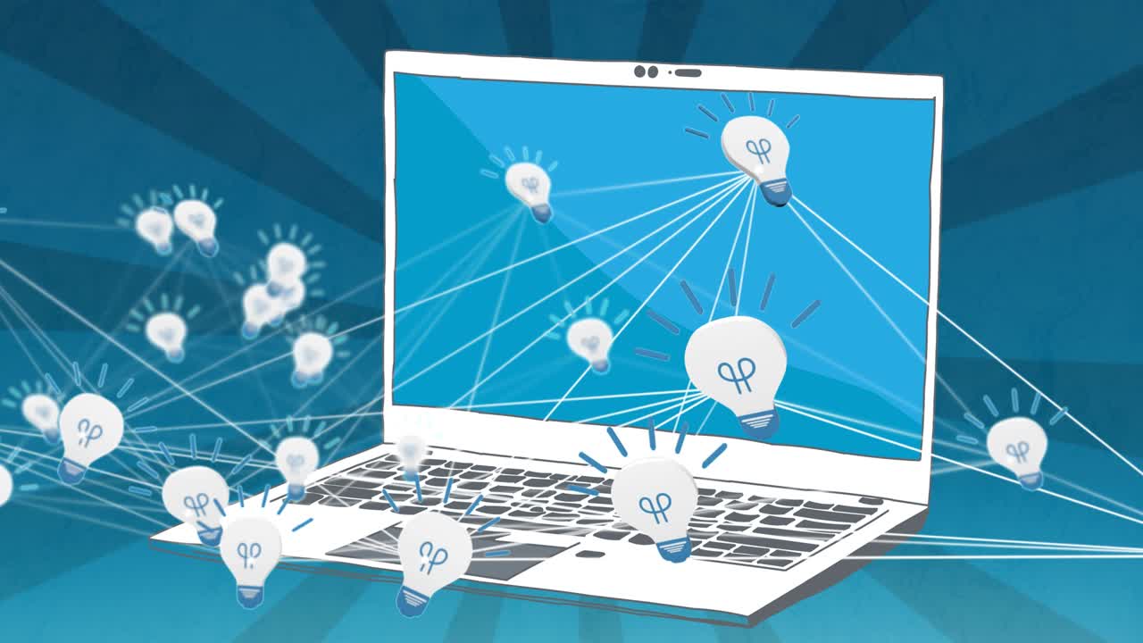 파란색 배경에 노트북 위에 전구 아이콘의 애니메이션