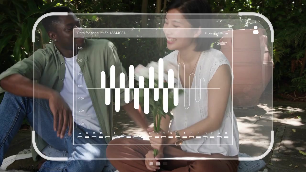 Couple sitting on blanket in garden, HUD appearing over phone, waveform guiding tech picnic talk
