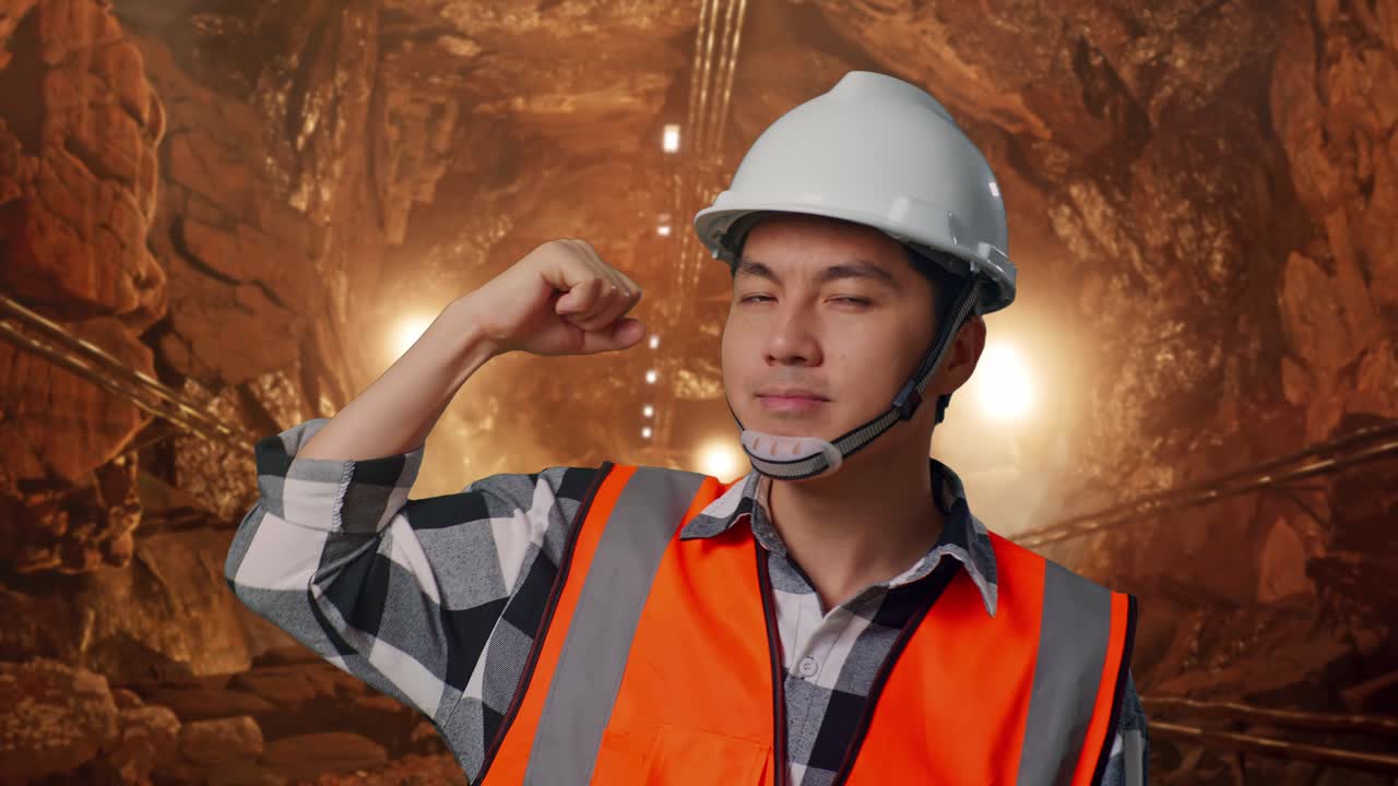 Close Up Of Asian Male Engineer With Safety Helmet Flexing His Bicep And Smiling To Camera While Standing In Underground Mine Tunnel