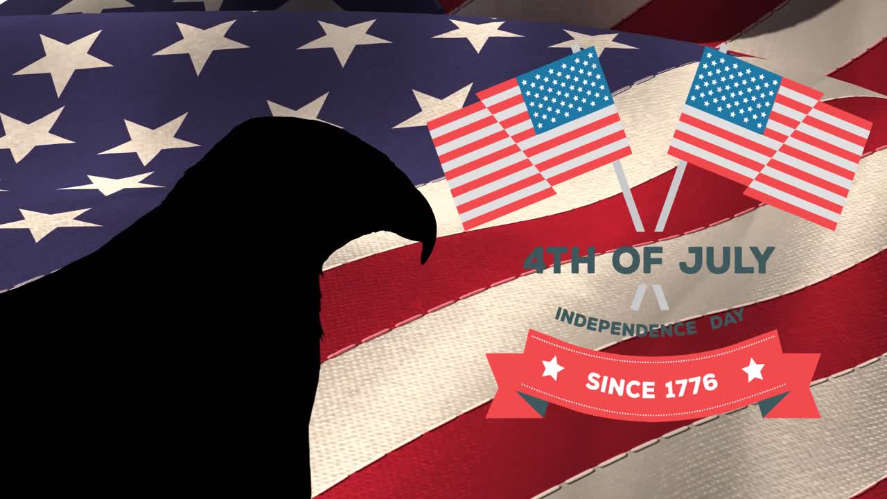 미국 국기 위에 독수리로 된 7월 4일 독립기념일 텍스트의 애니메이션