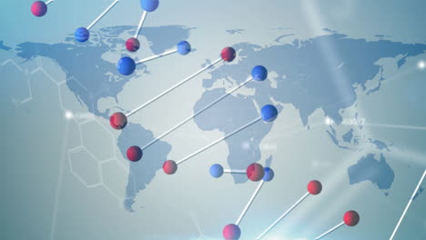 animación del hilado de cadenas de adn en 3d y procesamiento de datos sobre el mapa del mundo