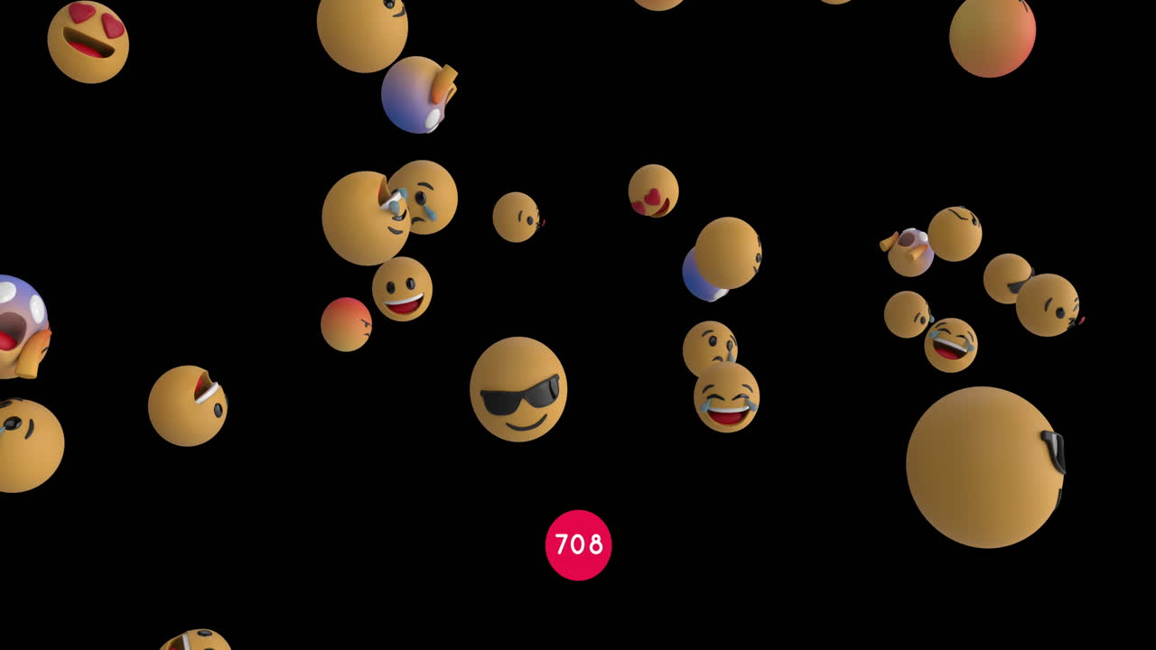 Increasing numbers on round red banner over multiple face emojis floating against black background