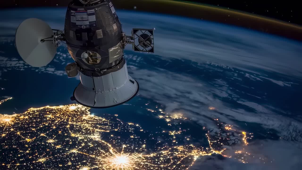 A stunning perspective of Earth from space, showcasing twinkling city lights illuminating the night, with a spacecraft prominently positioned in the foreground