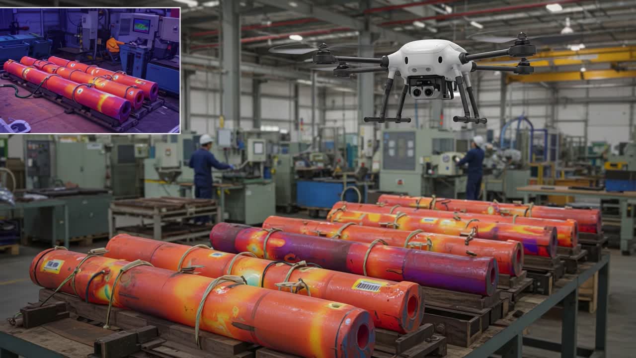 Advanced Drone Technology Assists in Monitoring and Managing Industrial Equipment in a Factory Environment with Colorful Cylinders on Display
