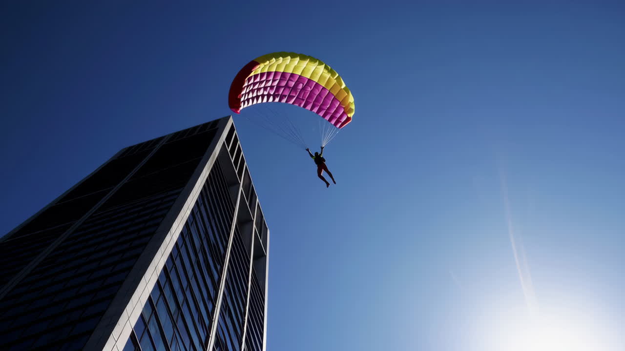 Person Skydiving Near Skyscraper