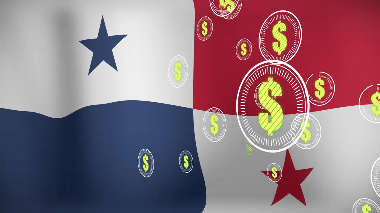 Animation of dollar symbols overlaying Panama flag in school setting