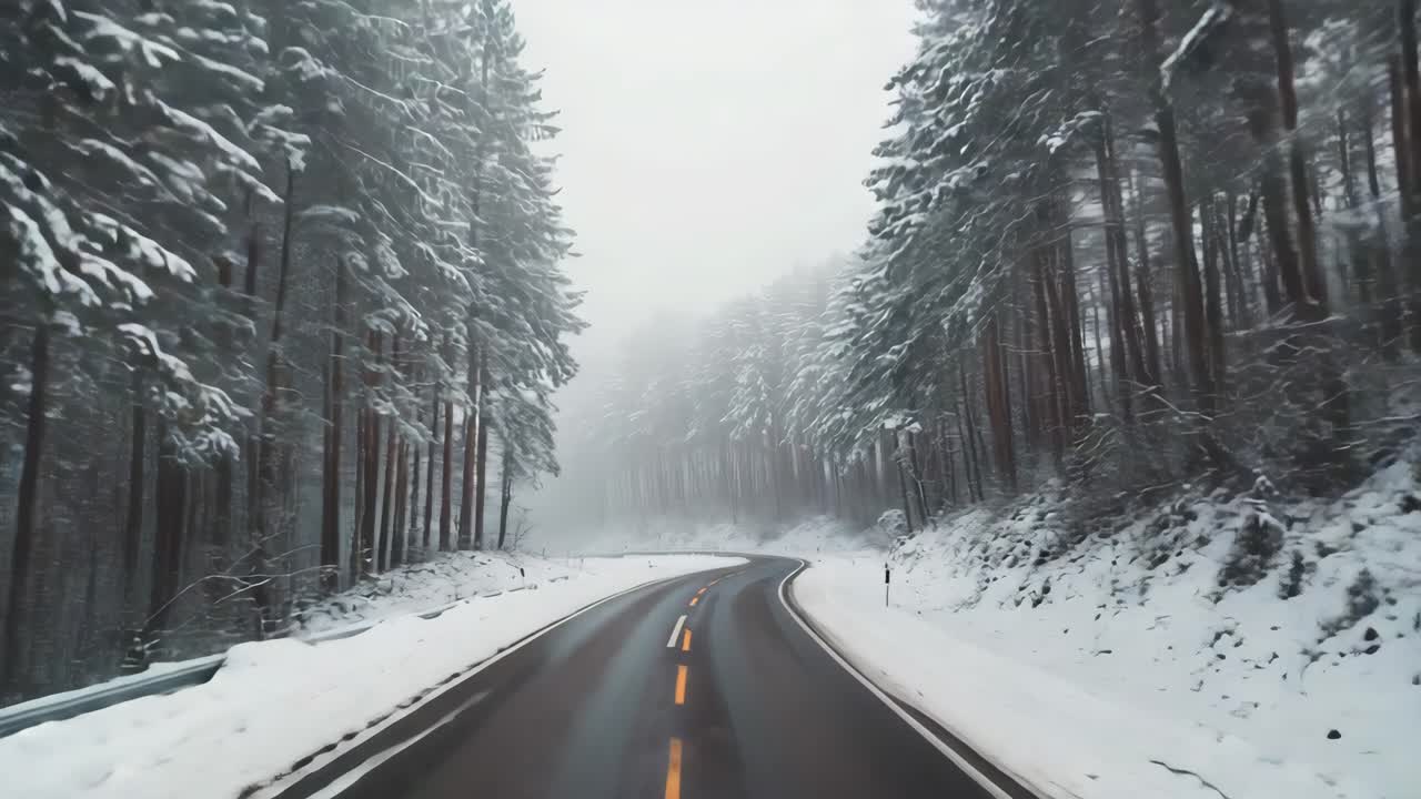 Winding Road Through Snowy Forest in Winter