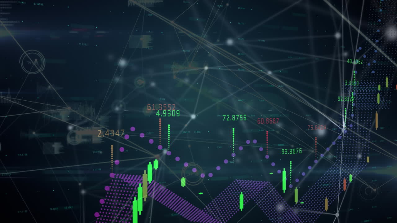 animación de múltiples gráficos con números sobre puntos conectados contra un fondo abstracto