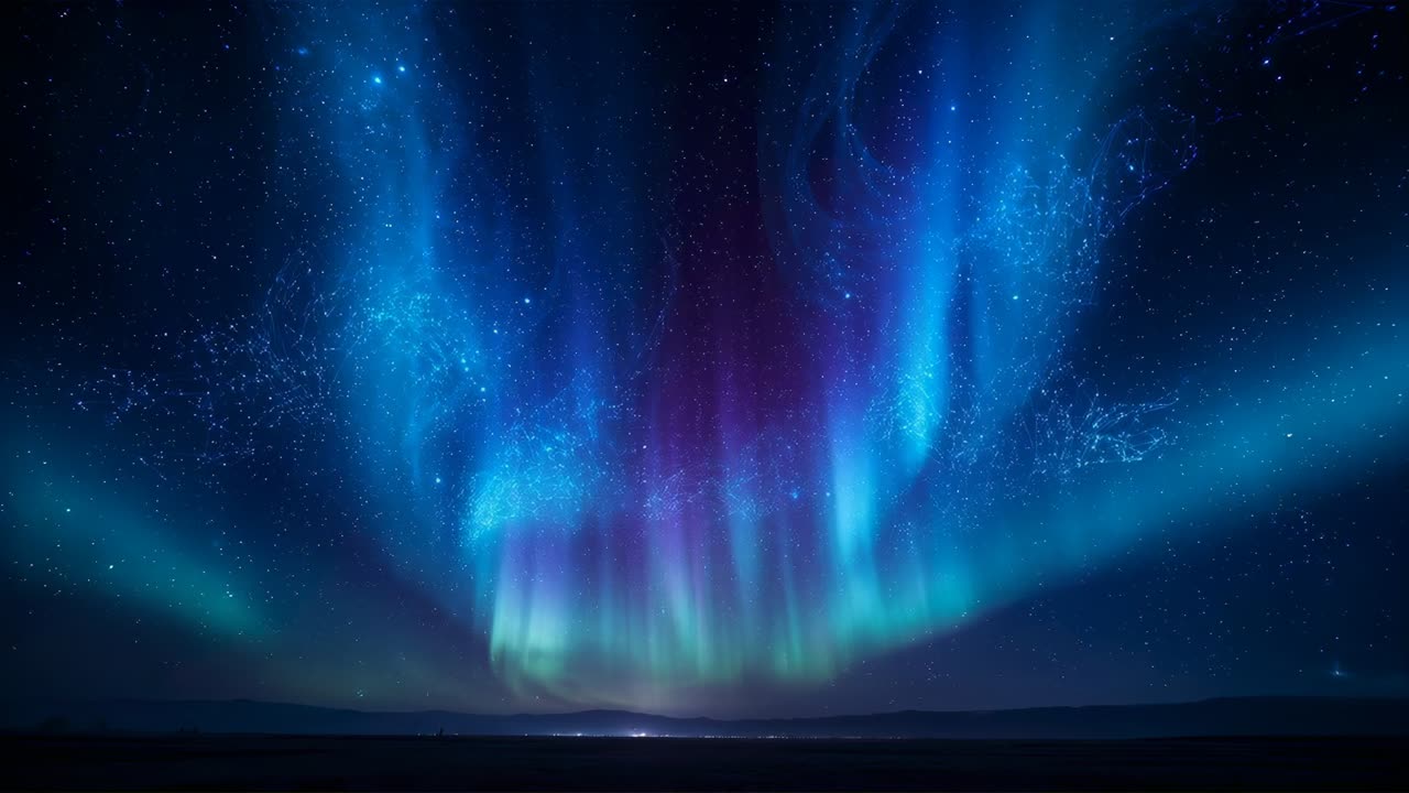 Tempesta solare che scatena l'intensificazione delle cortine aurorali, increspatura sull'orizzonte scuro, stelle scintillanti