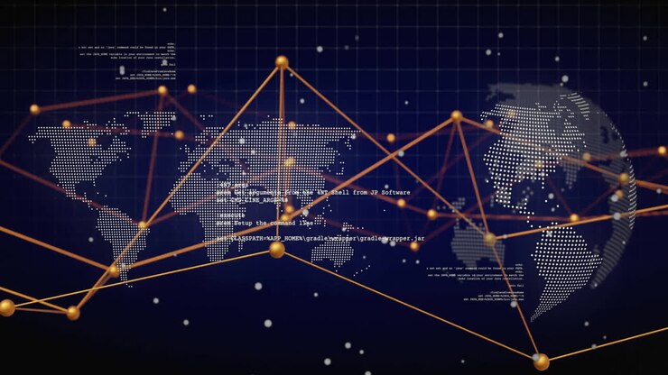 Animation of digital data processing and connections over globe and black background