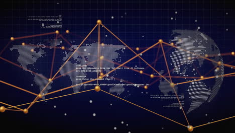 animation of digital data processing and connections over globe and black background