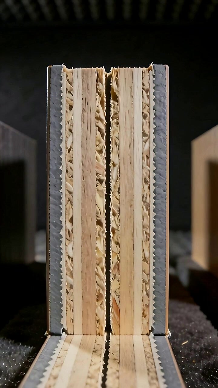 Vertical video: Widening seam opening wood panel splitting on test bench, revealing core dust