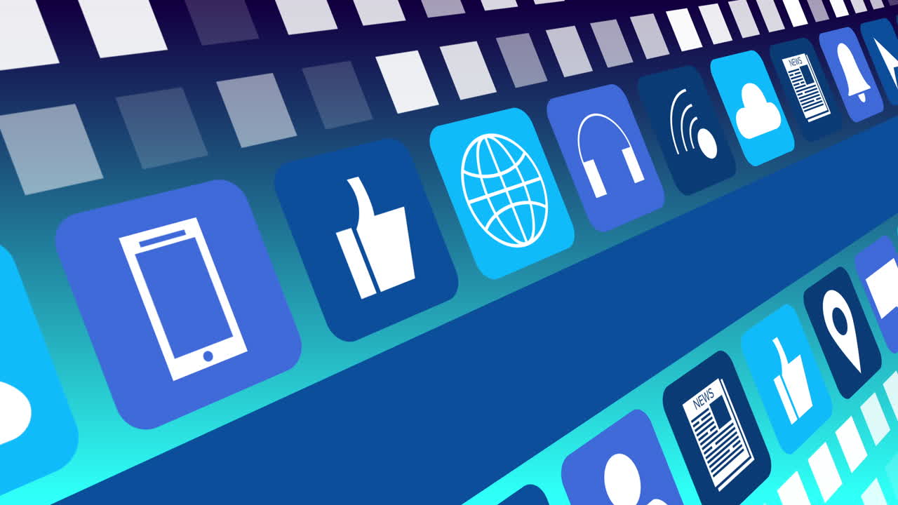 디지털 온라인 아이콘과 파란색 배경에 움직이는 파란색 줄무 ⁇ 의 애니메이션