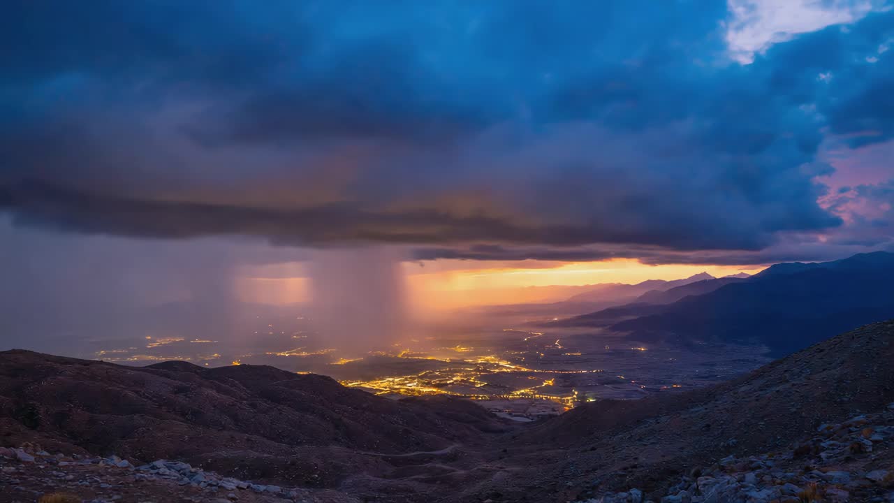 City lights in a mountain valley under a dramatic sky with rain at dusk