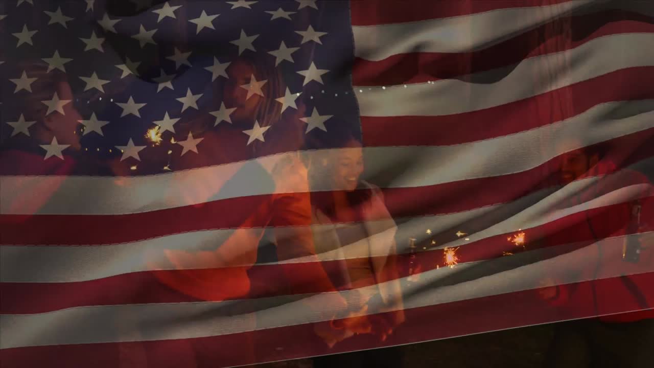 해변에서 친구 그룹 위에 미국  ⁇ 발을 흔드는 애니메이션