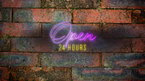 open 24 hours sign in purple and yellow neon on brick wall