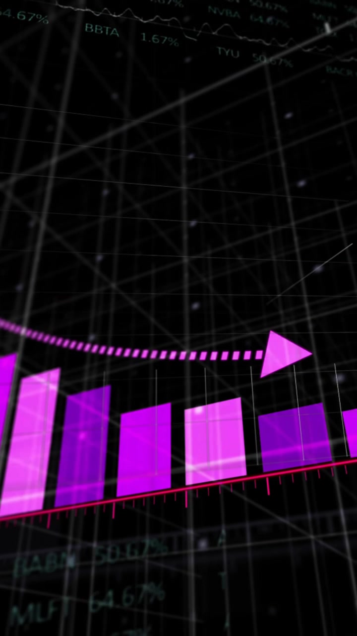 Animazione di elaborazione di statistiche e dati finanziari su sfondo nero