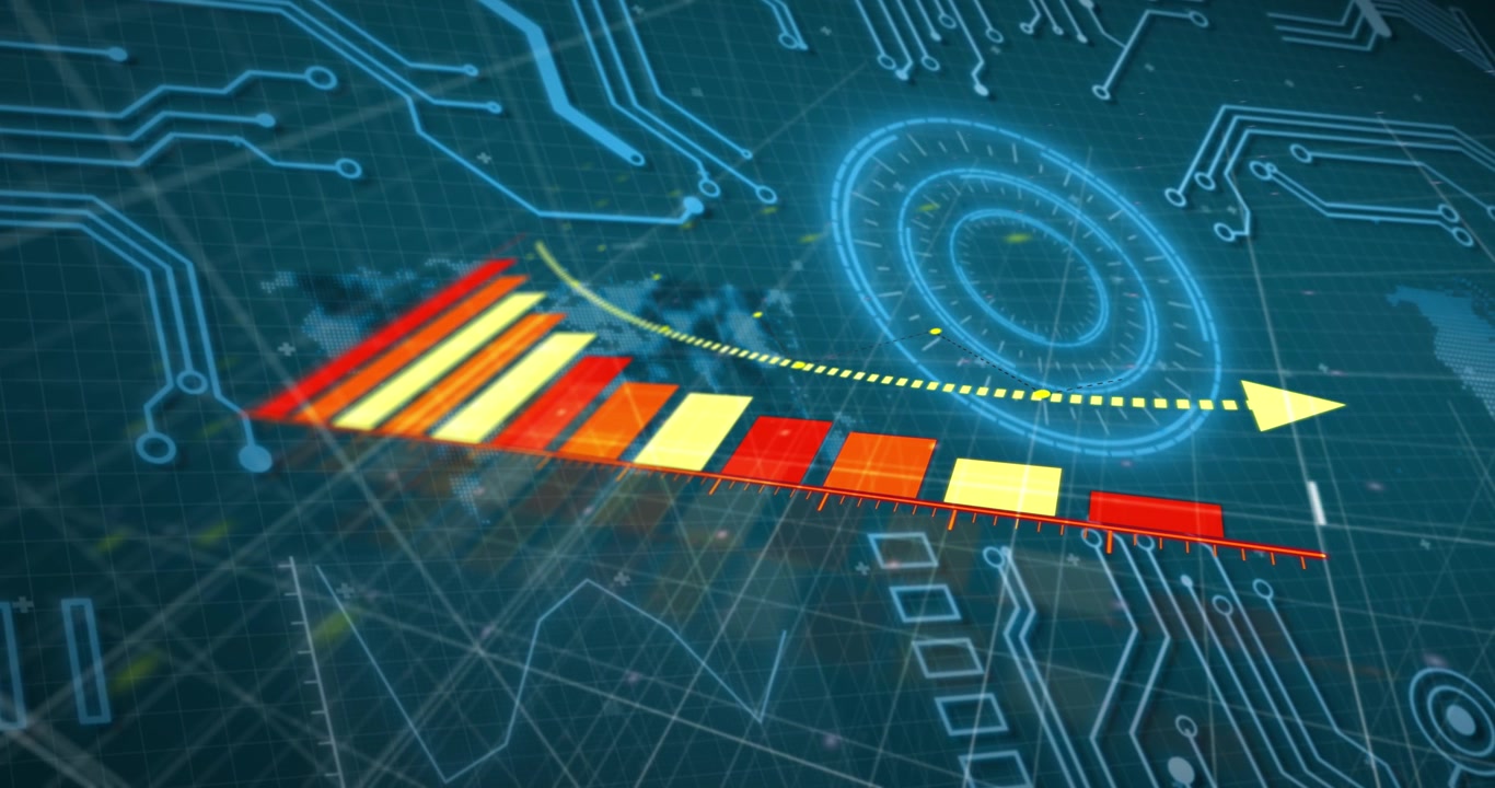 Animation of red and yellow graph over data processing with motherboard and charts on dark interface