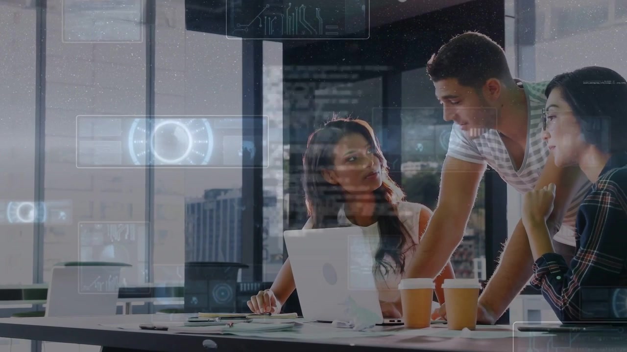 Woman using laptop, man pointing toward laptop, woman joining, HUD showing documents for business