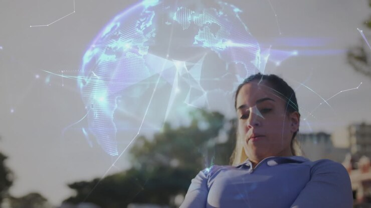 Mulher se exercitando ao ar livre, com sobreposição de animação de globo digital ao fundo