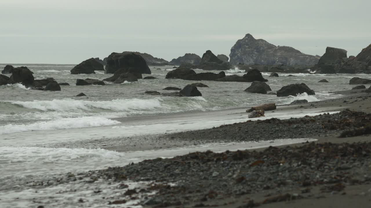 흐린 날 태평양 오레곤 해변의 망원 영상