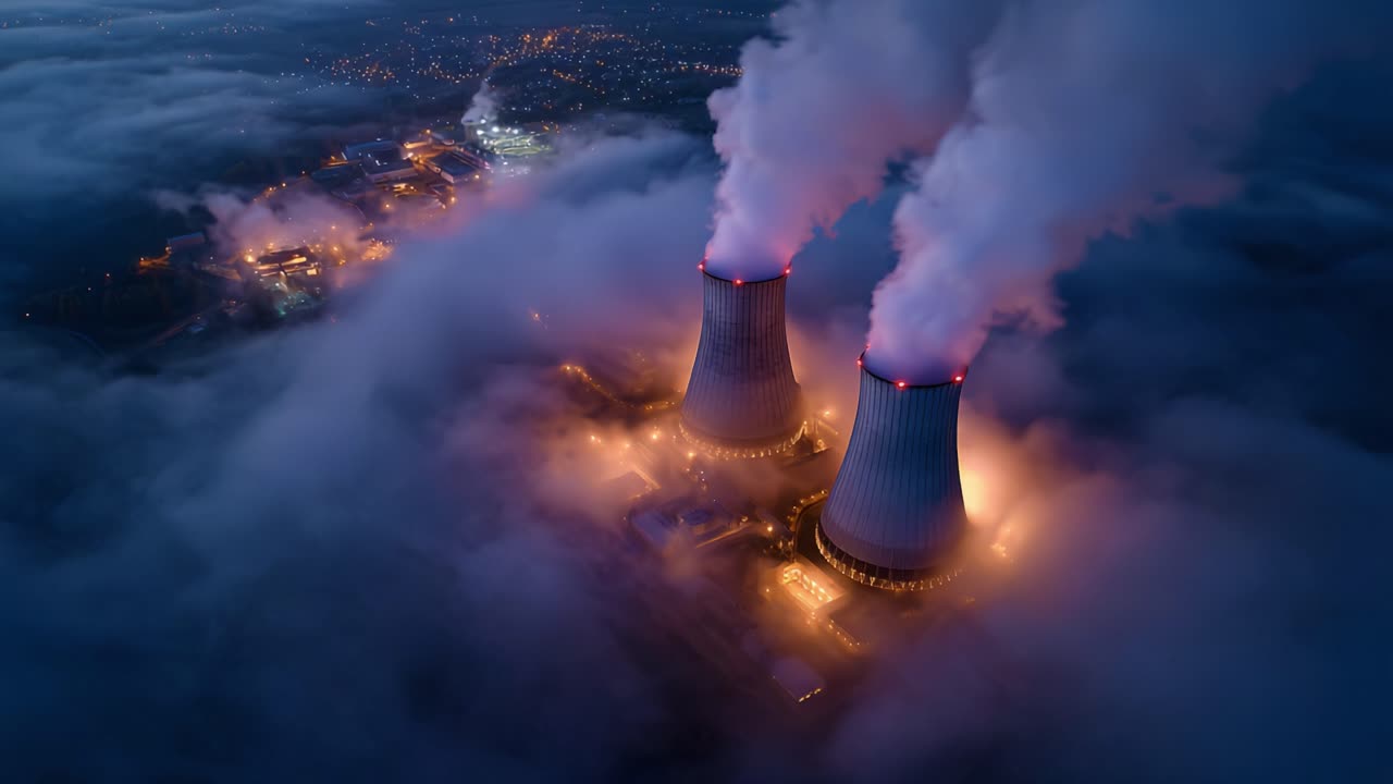 Vista aerea di una centrale elettrica futuristica al tramonto, con torri di raffreddamento che emettono vapore tra la nebbia e le luci della città sullo sfondo, che evidenzia la produzione di energia.