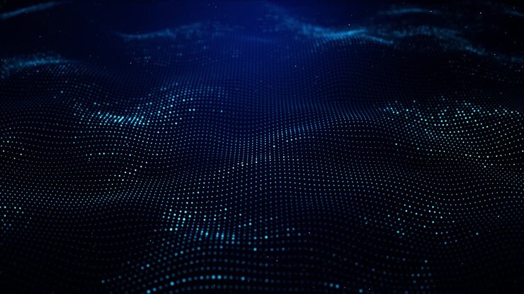 Sfondo concettuale di tecnologia con onda digitale, particelle e punti in movimento, texture cibernetica 3D