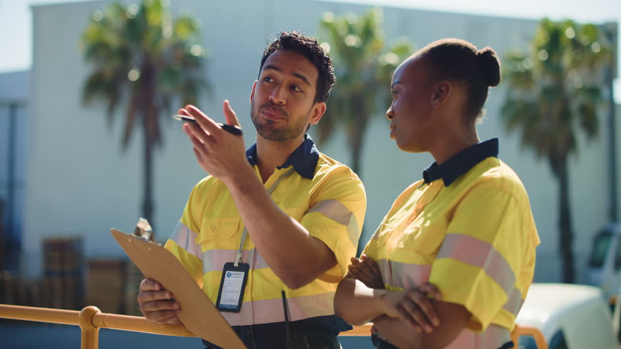 Two Diverse Industrial Workers Discussing Plans Outdoors