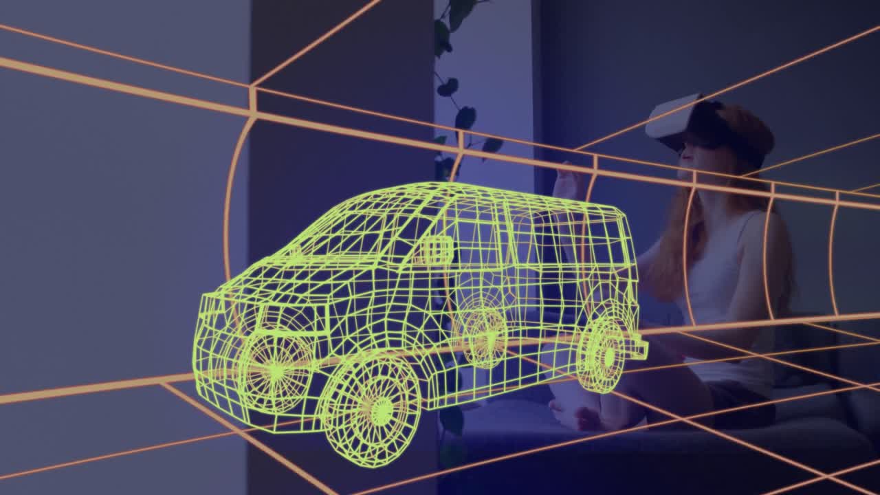 animación de dibujo técnico 3d de la furgoneta, sobre la mujer en casa con auriculares vr