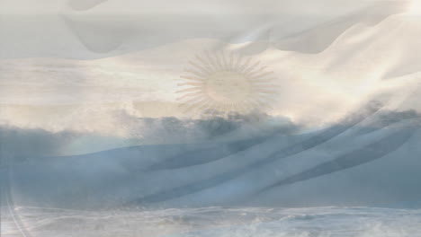animación de la bandera de argentina soplando sobre la ola en el mar