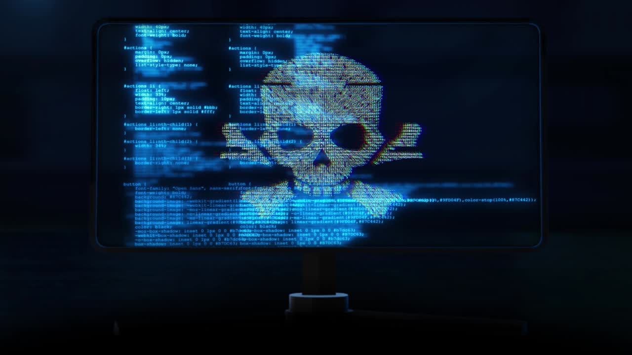 4k 3d forma de cráneo con ruido y fallos. piratería en internet y concepto de seguridad en línea animación de bucle.