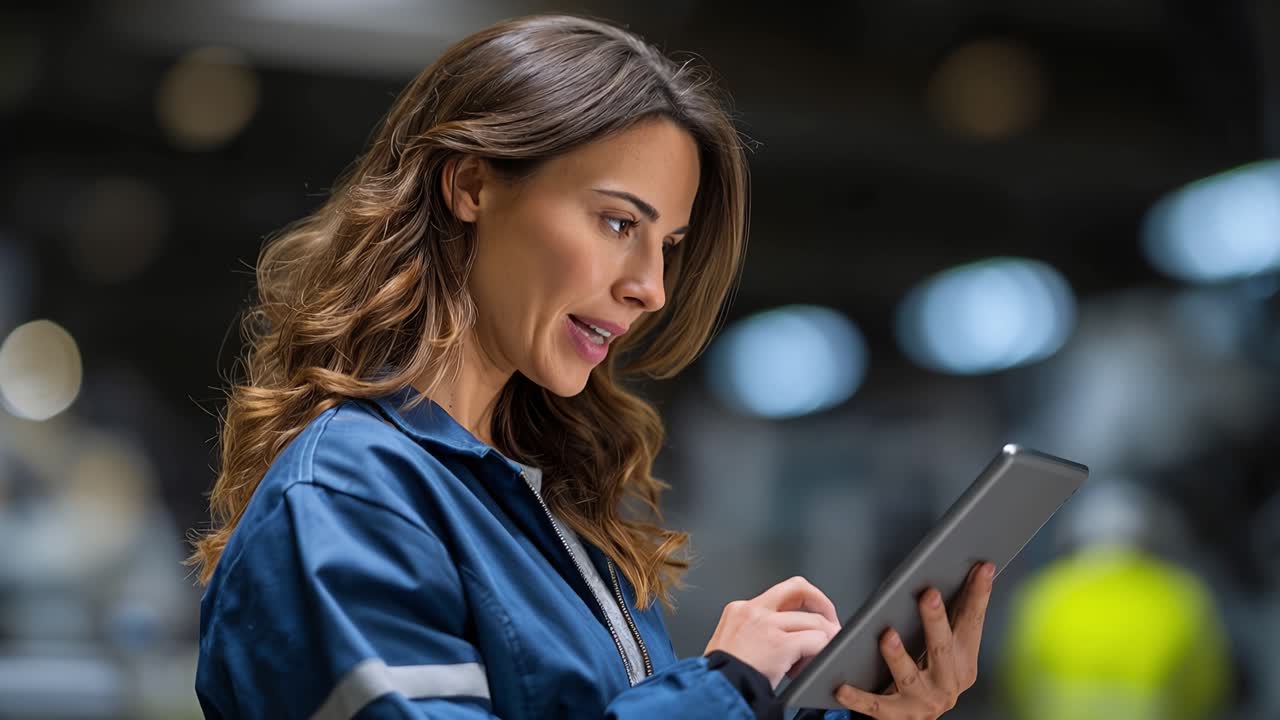 Focused woman in workwear holds tablet. Her brow is slightly furrowed, showing concentration. She stands in a softly blurred industrial setting. Fingers tap the screen