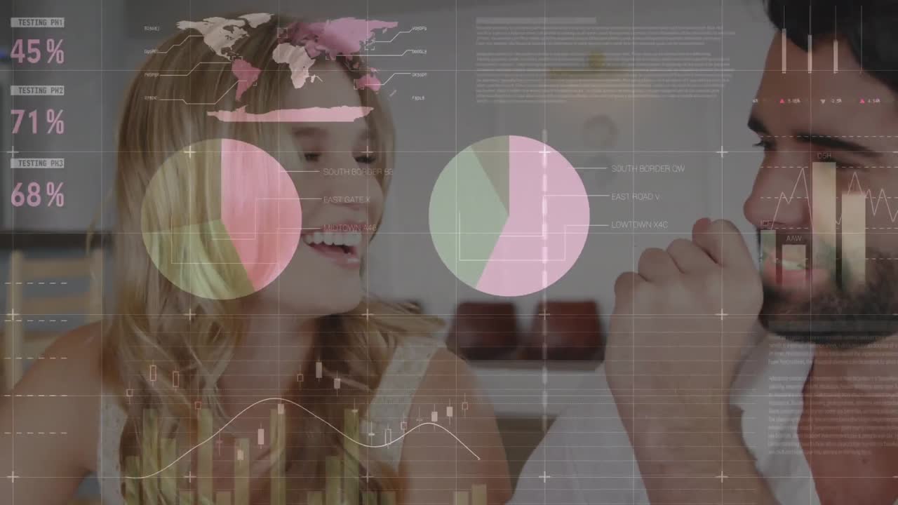 animación de procesamiento de datos estadísticos sobre una pareja caucásica sonriendo juntos en una cafetería