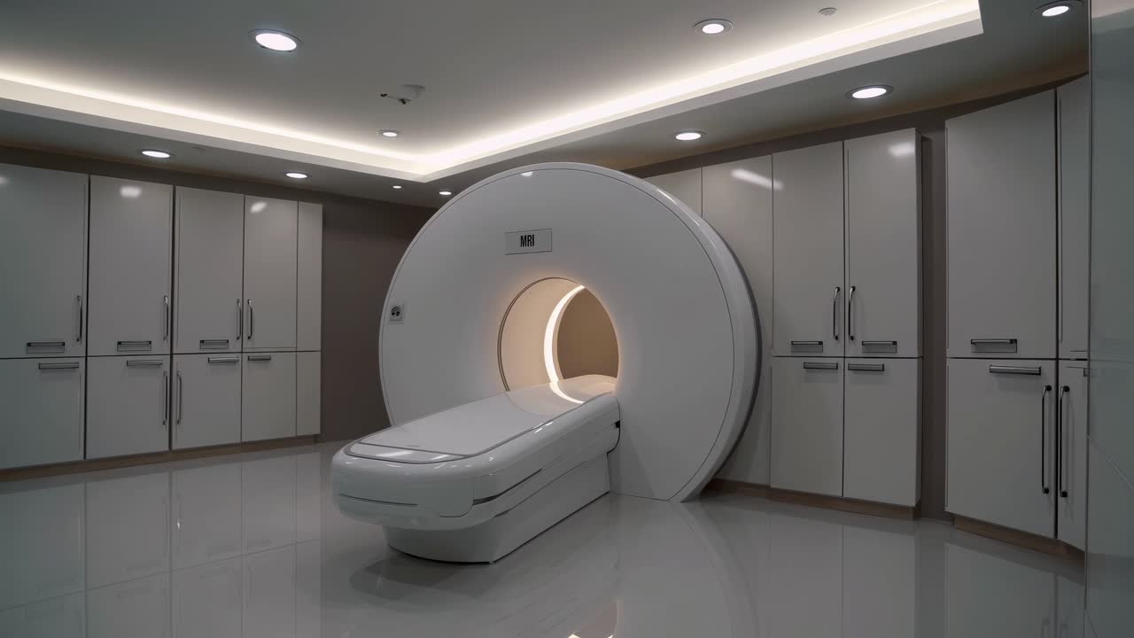 A contemporary MRI machine is located within a tidy and well-structured medical facility, illuminated by natural daylight