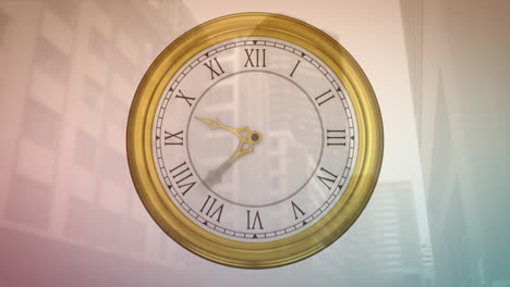 animación de un reloj que se mueve sobre el paisaje urbano