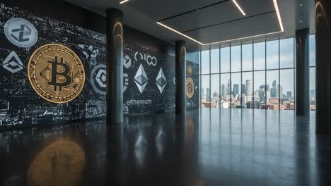 A Modern Office Space Showcasing Cryptocurrency Icons with a Panoramic City View, Highlighting Bitcoin and Ethereum in a Sophisticated Environment