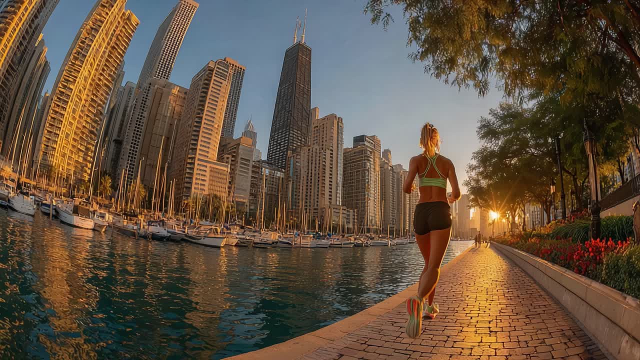 Athletic woman enjoying a morning run on the Chicago Riverwalk with the stunning city skyline and John Hancock Center reflecting the warm light of sunrise on the water and cobblestone path
