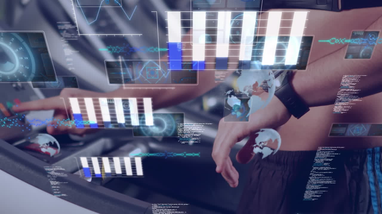 Animation of data processing over man on treadmill, exercising in gym